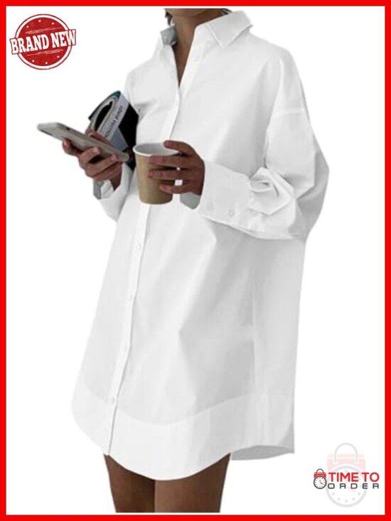 Dresses & Skirts - Button Down Collar V Neck Long Sleeve Mini Shirt Dress Cotton